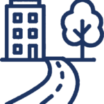 Outline image of building, road, and a tree